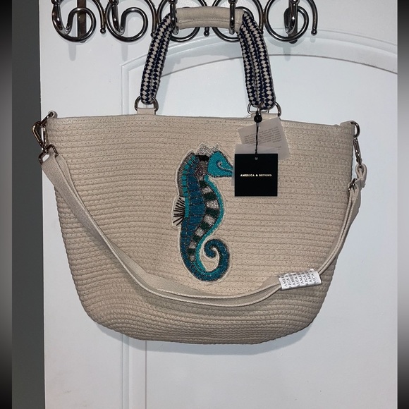 New! America & Beyond Sea Horse Embellished Large Jute Shoulder Tote Bag⚓️🌊 NWT - Picture 3 of 9
